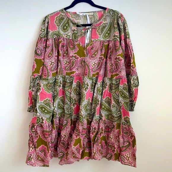 Charina Sarte Green pink tiered Paisley print Nara swing dress S NWT - Picture 3 of 8